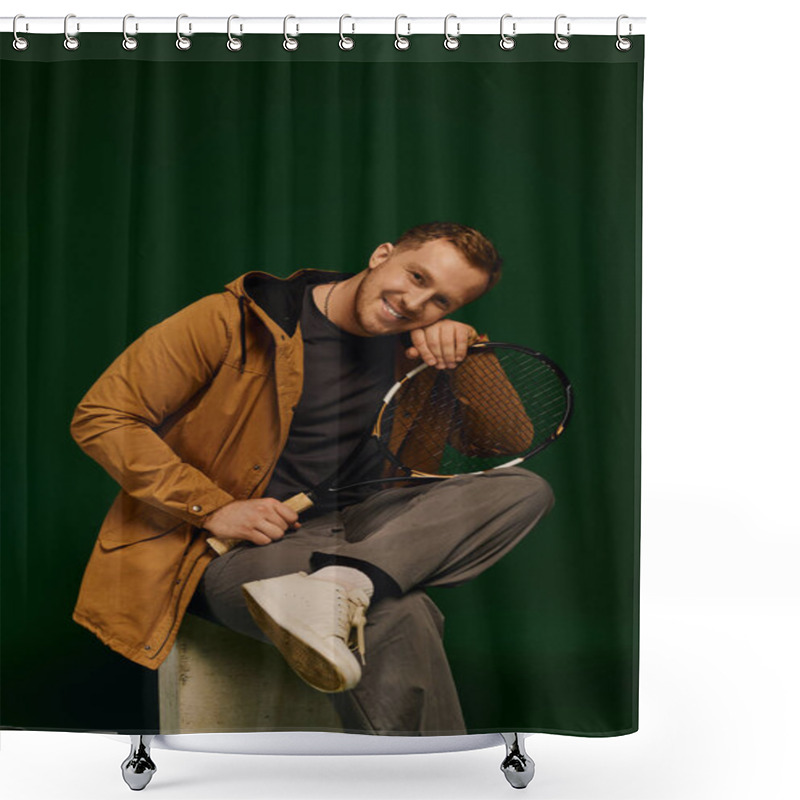 Personality  A Good Looking Man In Casual Attire Poses Confidently With A Tennis Racket In A Studio. Shower Curtains