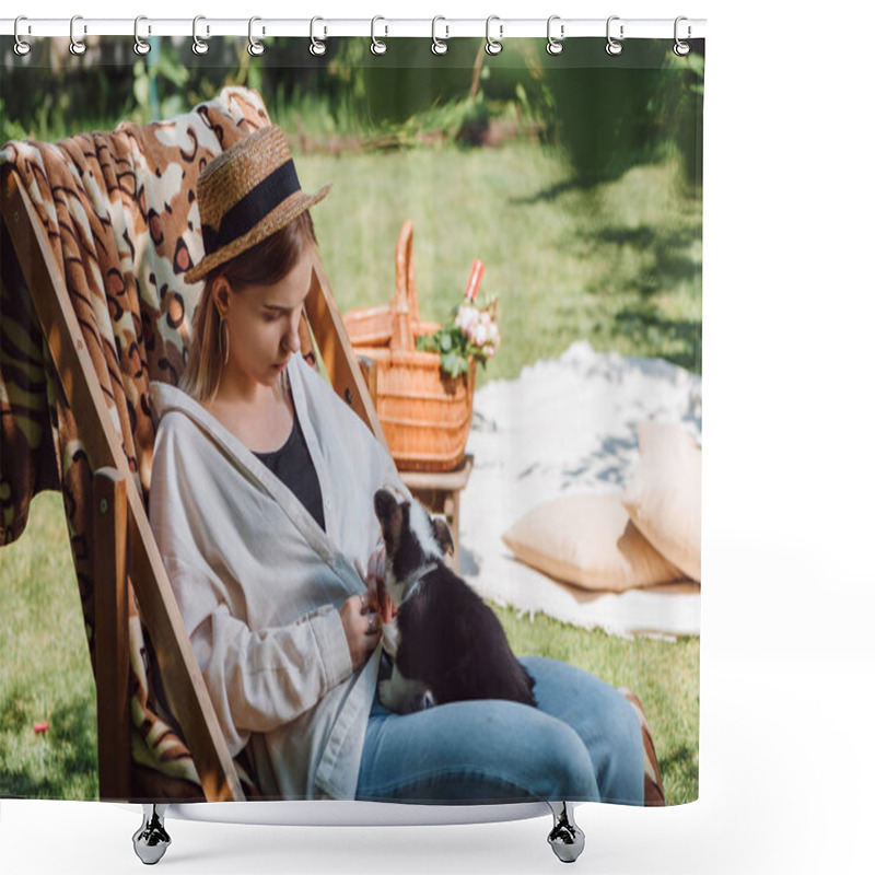 Personality  Blonde Girl In Straw Hat Holding Puppy While Sitting In Deck Chair In Garden During Picnic Shower Curtains