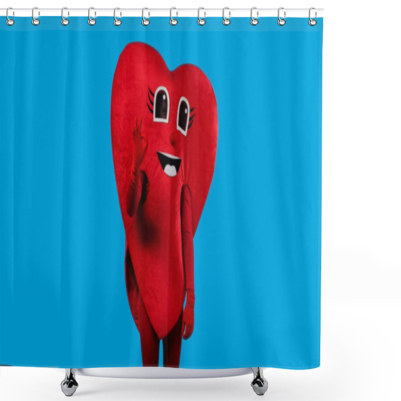 Personality  Person In Positive Heart Costume Showing Okay Isolated On Blue  Shower Curtains