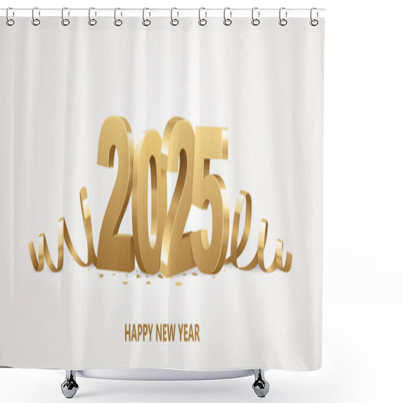 Personality  Happy New Year 2025. Golden 3D Numbers With Ribbons And Confetti On A White Background. Shower Curtains