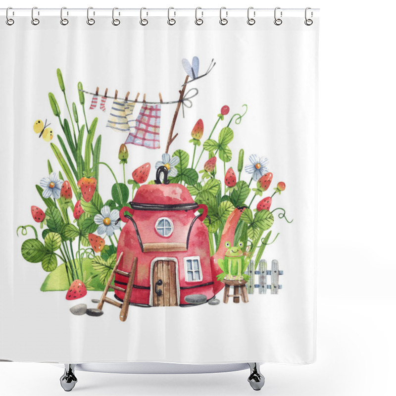 Personality  Fairy Tale House Red Teapot With Wooden Door, Window On Strawberry Background Watercolor Illustration. Strawberry Jam, Strawberry Tea Illustration Hand Drawn In Cartoon Style. Shower Curtains