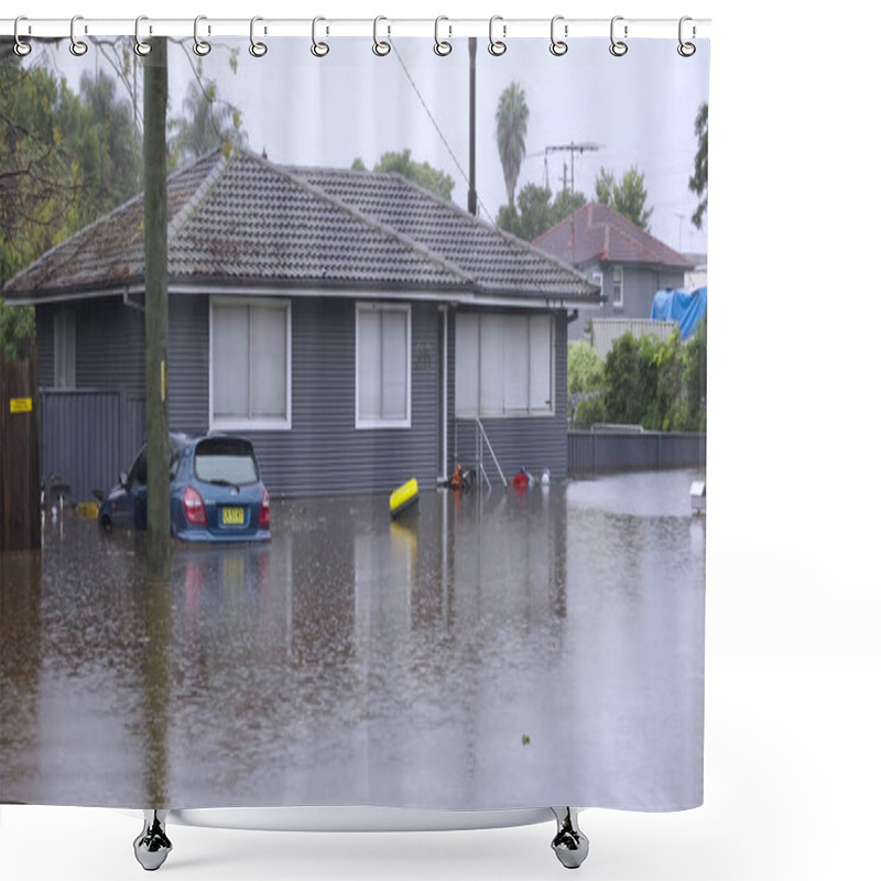 Personality  WINDSOR, AUSTRALIA - MAR, 23, 2021: Front View Of A Car And House At Windsor Under Floodwater Shower Curtains