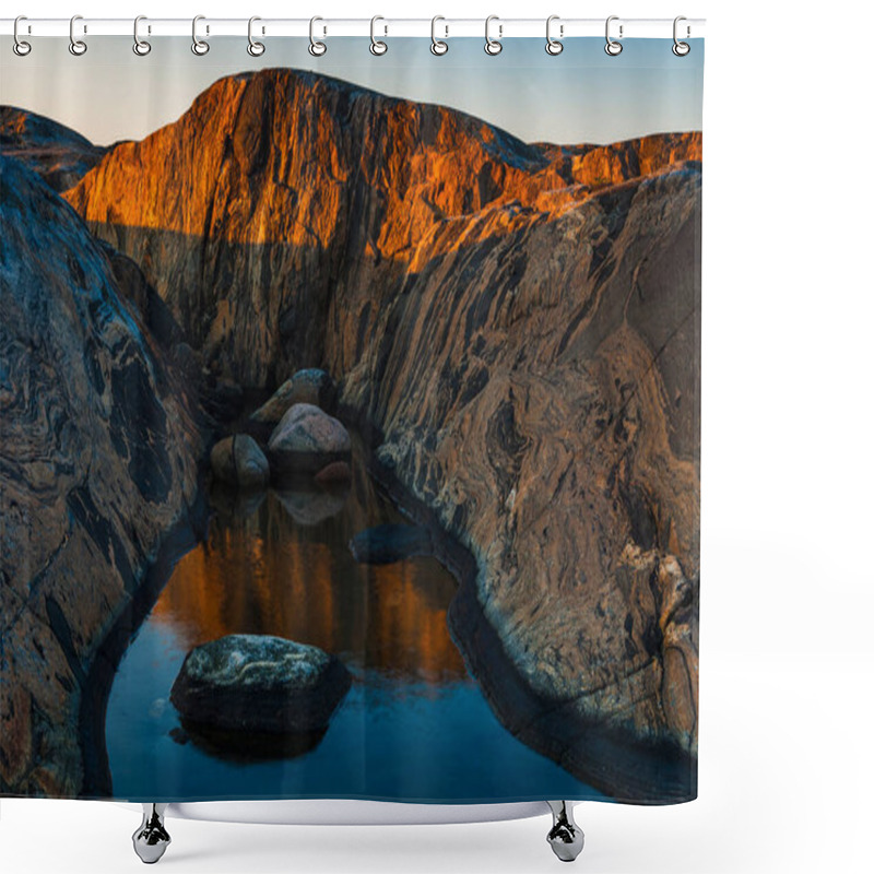 Personality  Golden Light Casts A Warm Glow On The Rocky Formations Along The Swedish Coast As The Day Transitions To Night. Calm Waters Reflect The Vibrant Colors Of Sunset, Creating A Serene Atmosphere. Shower Curtains