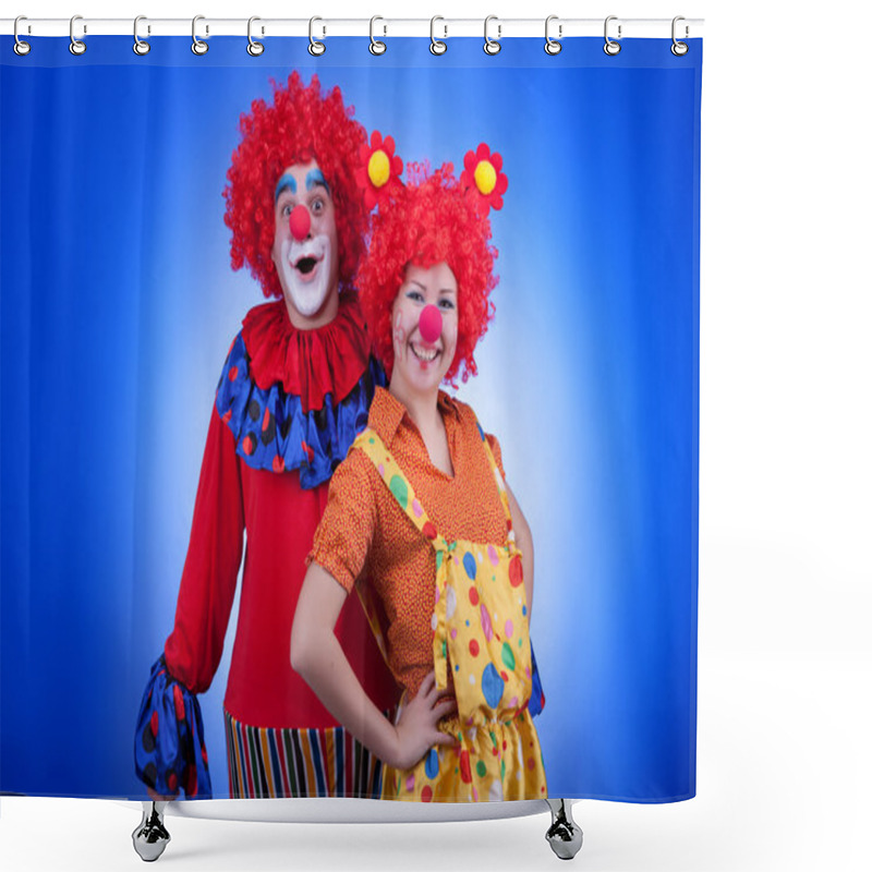 Personality  Clown Couple In Costumes On Blue Background Shower Curtains