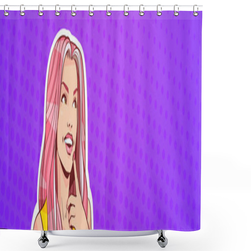 Personality  Retro Portrait Of Beautiful Woman In Pop Art Style With Long Pink Hair Looking Up To Copy Space Horizontal Banner Shower Curtains