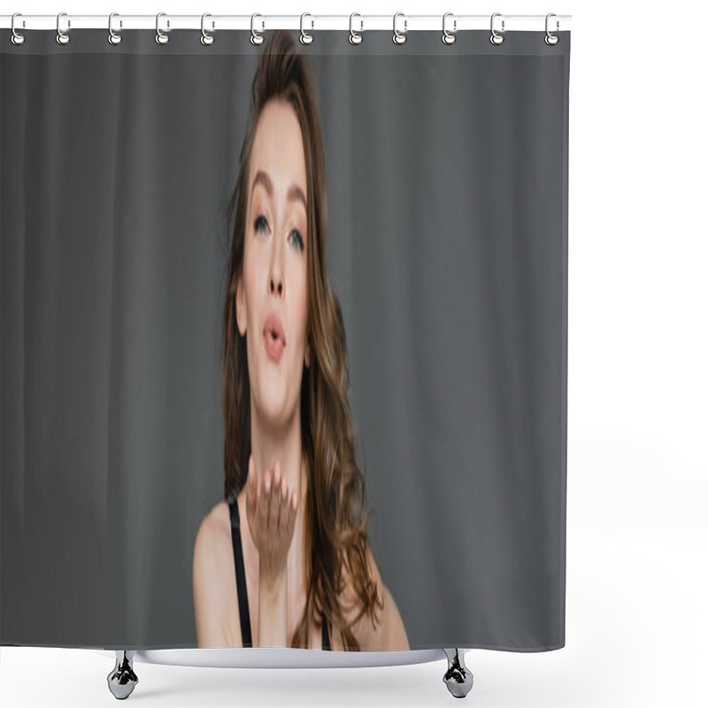 Personality  Pretty Young Model With Natural Makeup And Brunette Hair Blowing Air Kiss While Flirting And Looking At Camera While Standing Isolated On Grey, Banner  Shower Curtains