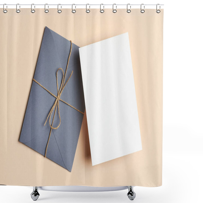 Personality  Greeting Card Stationary Mockup With Envelope On Beige Paper Background Shower Curtains