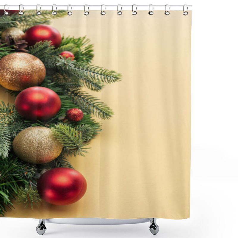 Personality  Christmas Tree Branch With Baubles On Yellow Background Shower Curtains