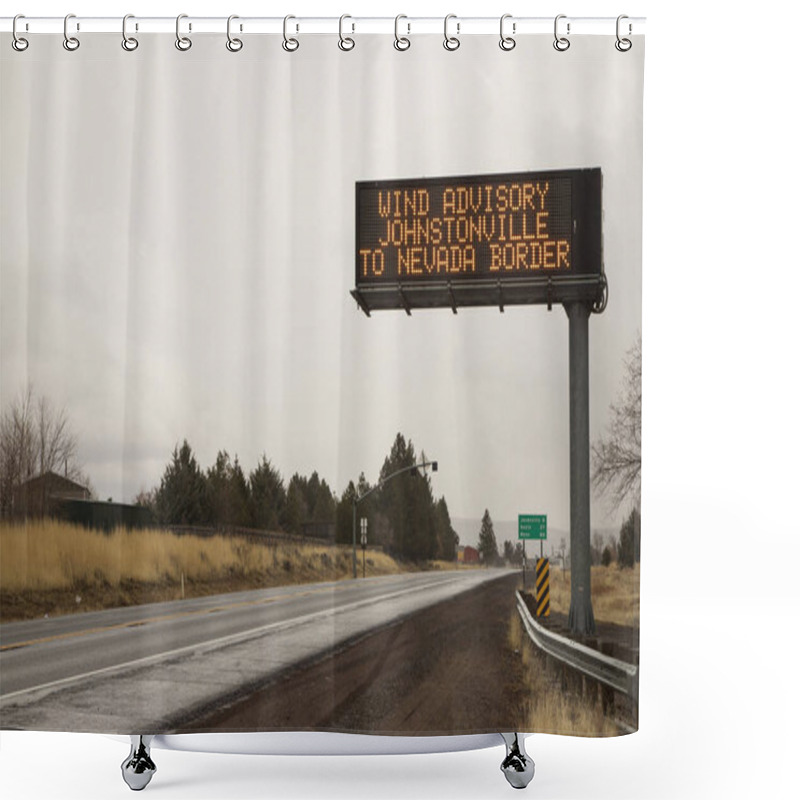 Personality  High Wind Warning Sign On US Highway 395 In Johnstonville, Lassen County, California, Advising High-profile Vehicles Against Travel In Stormy Conditions. Shower Curtains