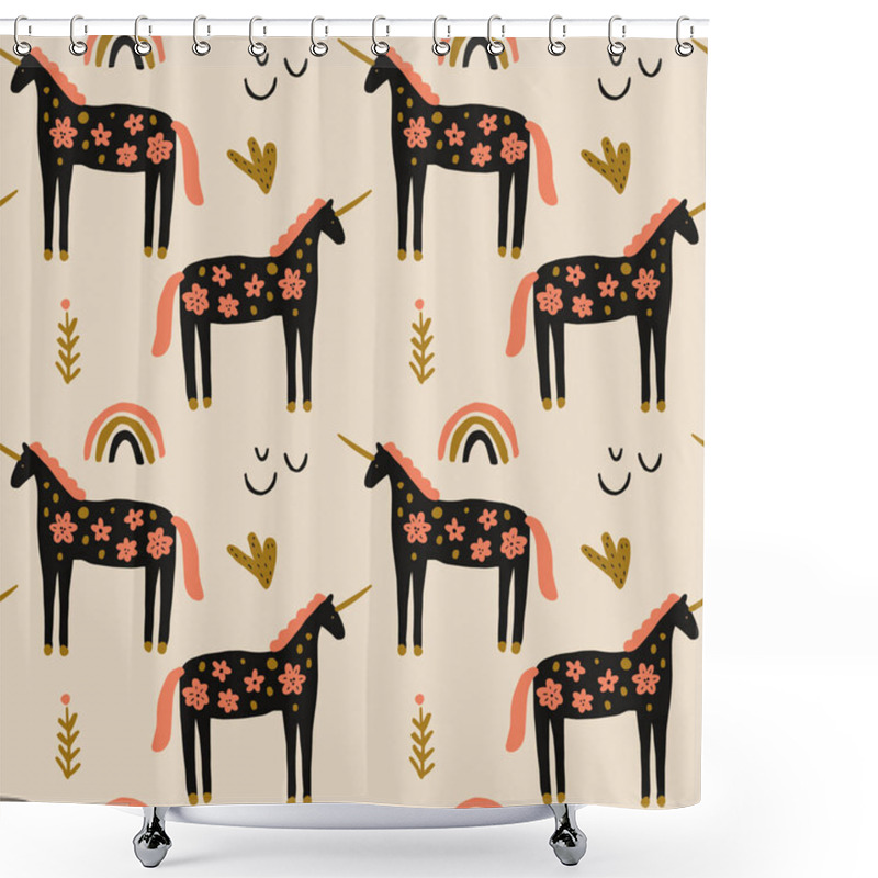 Personality  Boho Unicorn Concept. Folk Art Horse Slovak Seamless Pattern, Wrapping Paper Ornament, Swedish Style Drawing, Pastel Coloured Nordic Floral Composition, Scandinavian Flower. Vector Image Shower Curtains