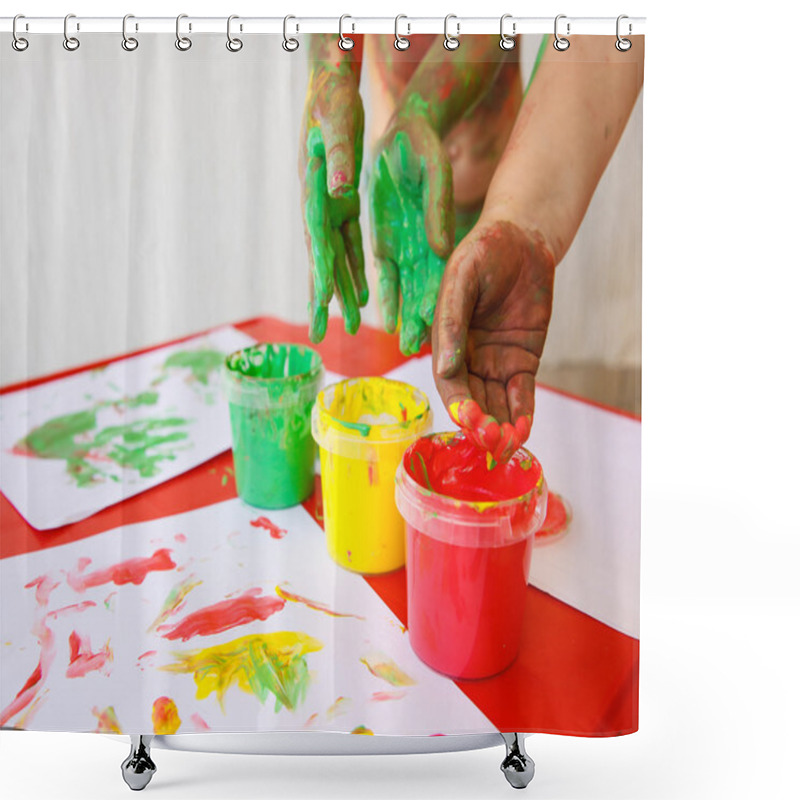 Personality  Children Dipping Fingers In Washable Finger Paints Shower Curtains