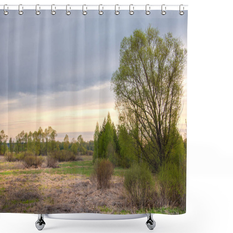 Personality  Spring Landscape, Sunrise Sunrise. Meadow With Trees, Rural Landscape.  Landscape. Field And Grass.  Shower Curtains