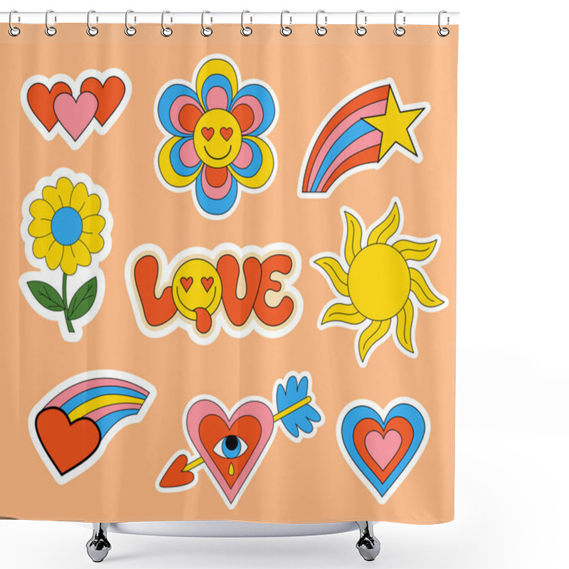 Personality  Nostalgia 70s Stickers, Badges, Isolated Groovy Elements, Emoticons And Slogan Love In Groovy Style With In Smiley Face, Flowers, Sun And Rainbow Heart. Vector Clipart 60s, 70s, 80s Vibes Elements Shower Curtains