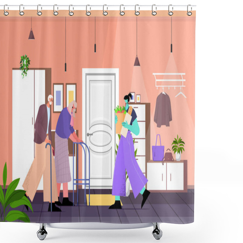 Personality  Friendly Nurse Or Volunteer Bringing Food To Senior Couple Home Care Services Healthcare And Social Support Concept Shower Curtains