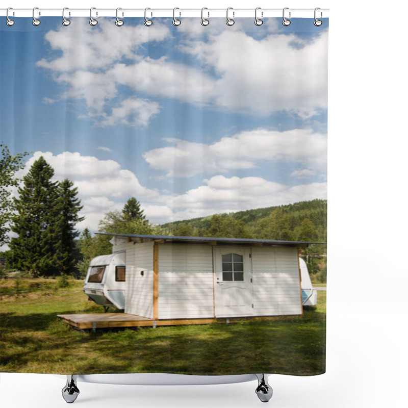 Personality  TRYSIL, NORWAY - 26 JULY 2018: Parked Trailer Near Forest And Mountains At Largest Ski Resort Tryisl In Norway  Shower Curtains