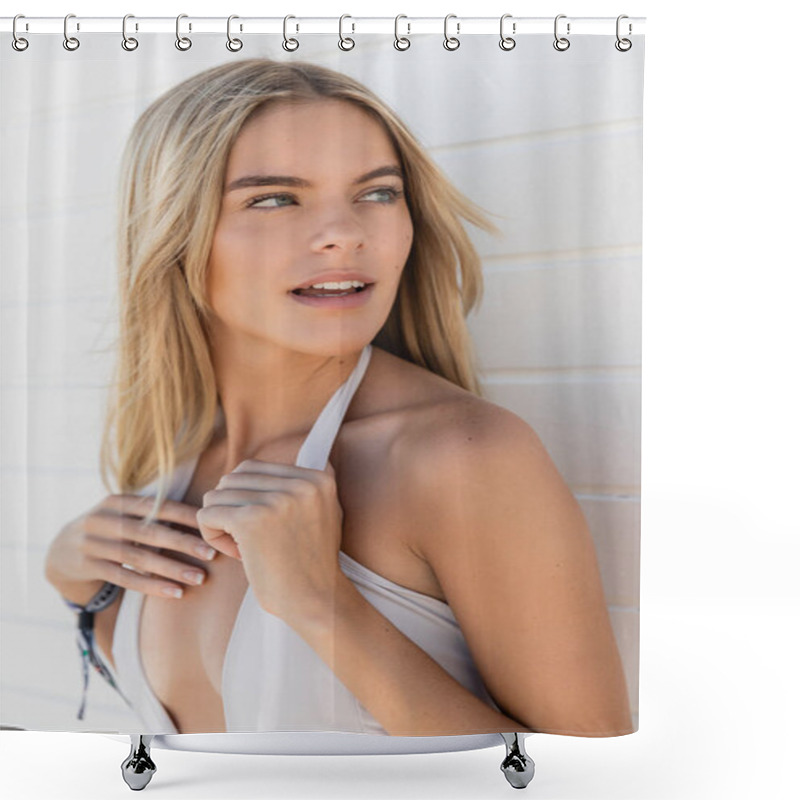 Personality  A Young Blonde Woman Radiates Beauty As She Poses For A Picture In A White Tank Top On Miami Beach. Shower Curtains