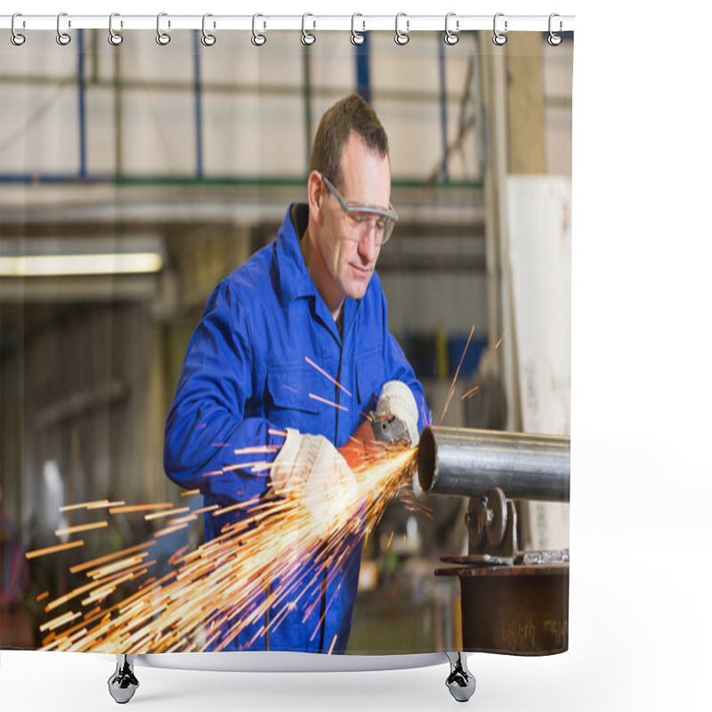 Personality  Steel Construction Worker Grinding Metal With Angle Grinder Shower Curtains