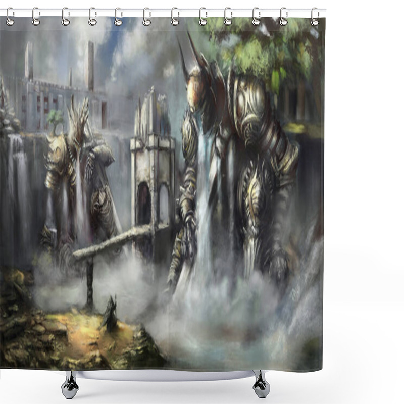 Personality  The Magician Is Standing In Front Of Two Armored Water Elementals, Water Is Flowing From Them, A Castle Wall Is Behind Them, Digital Painting Style, 2D Illustration Shower Curtains