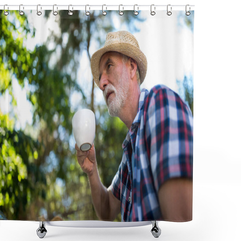 Personality  Senior Man Having Coffee In Garden Shower Curtains