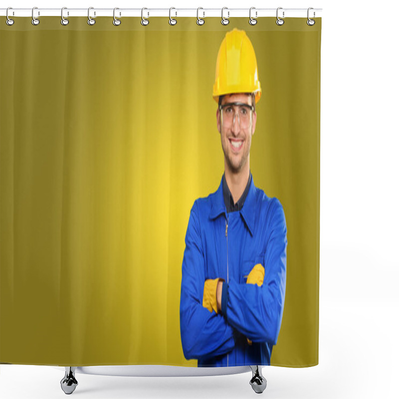 Personality  Portrait Of Happy Engineer Shower Curtains