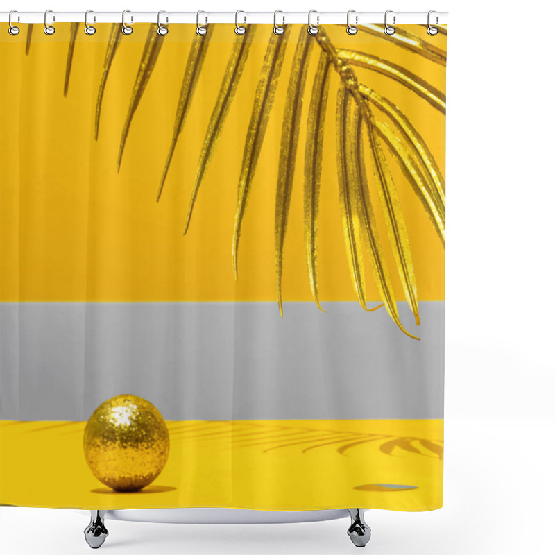 Personality  Golden Candles With The New Year On The Marble Arch, Palm Leaves, Confetti On A Yellow Background With The Horizon. Festive Trend Still Life. Color 2021 Shower Curtains