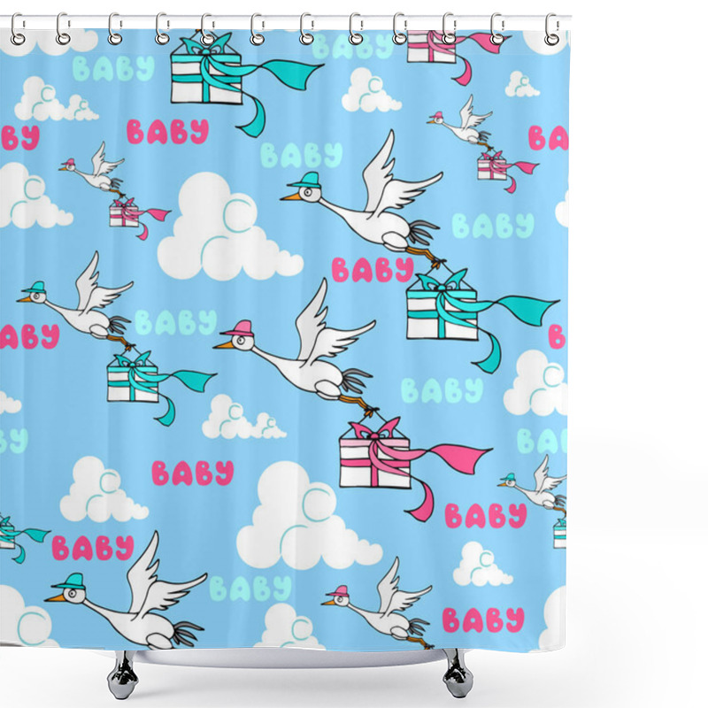 Personality  Vector Pattern With Cartoon Storks And Presents Shower Curtains