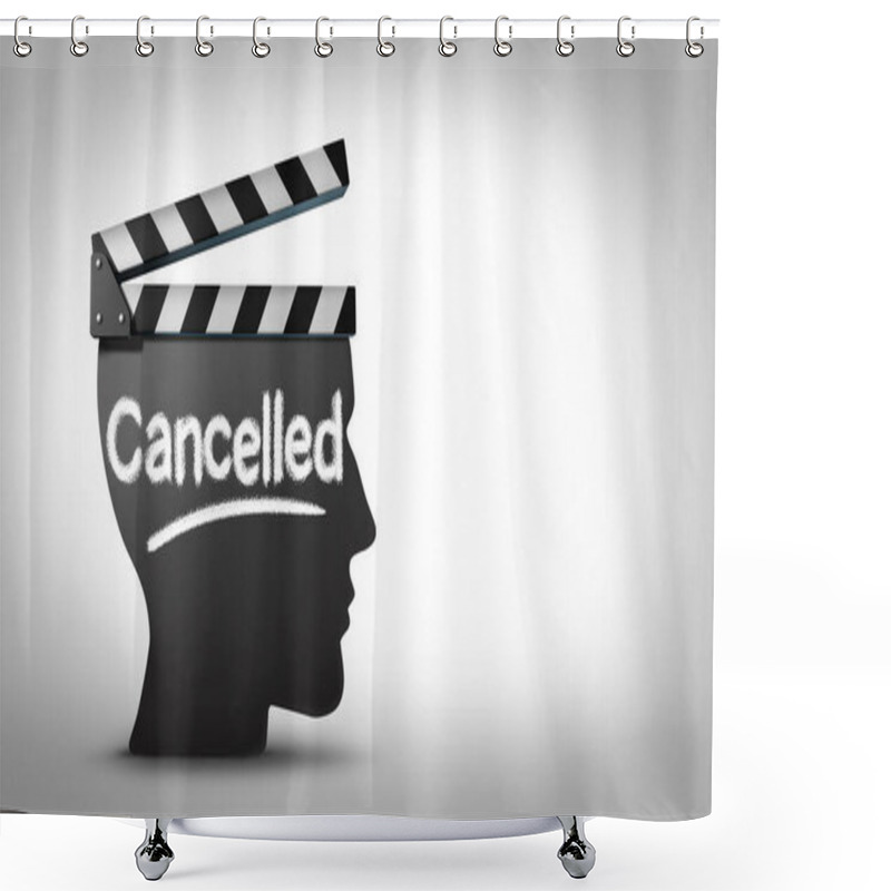 Personality  Media Cancel Culture Symbol Or Cultural Cancellation And Social Media Censorship As Canceling Or Restricting Cancelled Shows That Are Offensive Or Controversial To The Public With 3D Illustration Elements. Shower Curtains