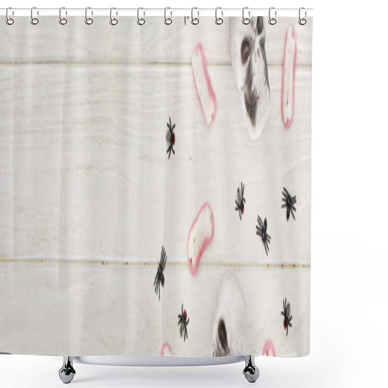 Personality  Top View Of Gummy Teeth, Skulls And Spiders On White Wooden Table, Halloween Treat Shower Curtains