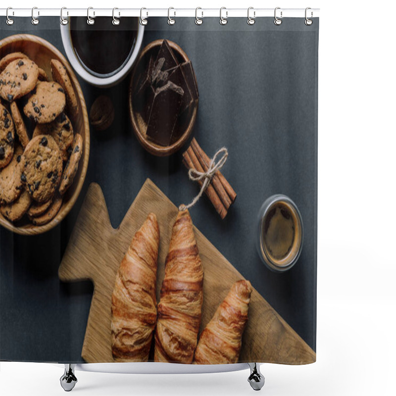 Personality  View From Above Of Cinnamon, Coffee, Croissants, Chocolate And Cookies On Black Table Shower Curtains