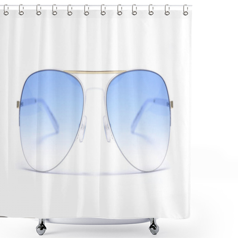 Personality  Sunglasses With Blue Glass In An Iron Frame Isolated On White Shower Curtains