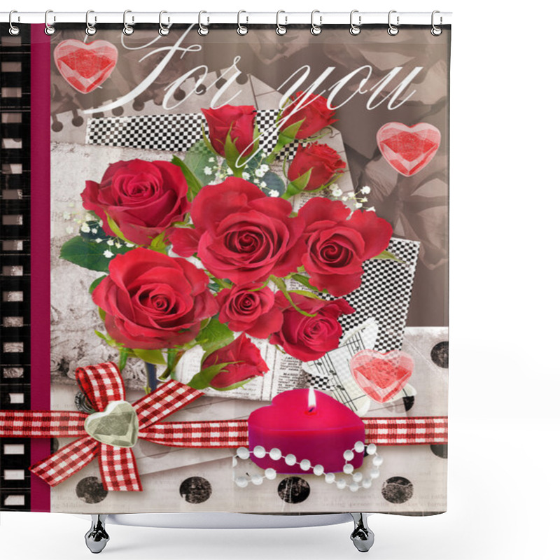 Personality  Holiday Card With Bouquet Of Beautiful Roses. Shower Curtains