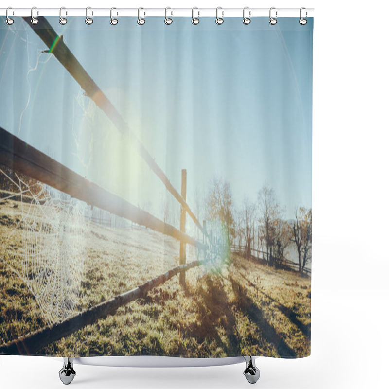 Personality  Close-up Shot Of Wooden Pasture Fence With Spider Web In Vorokhta, Carpathians, Ukraine Shower Curtains