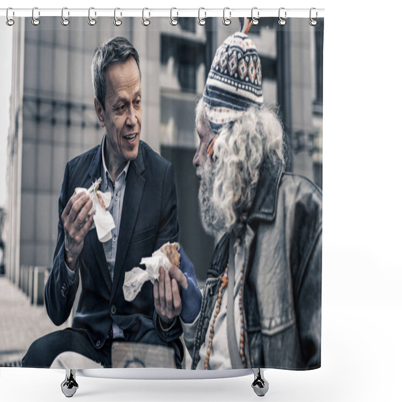 Personality  Communicative Kind Man Talking To Grey-haired Senior Homeless Shower Curtains