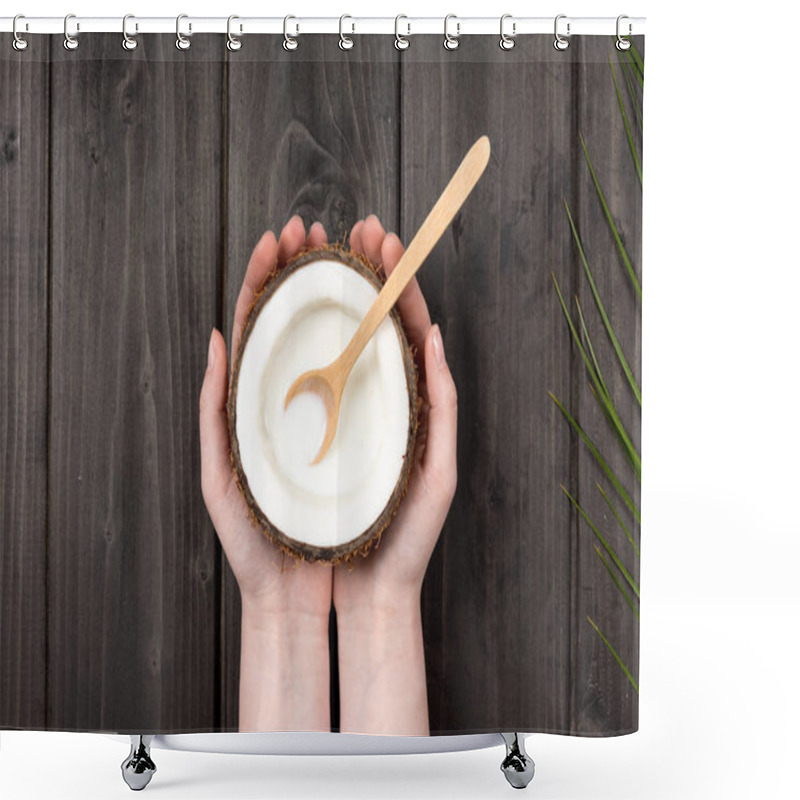 Personality  Hands Holding Coconut With Milk And Spoon Shower Curtains