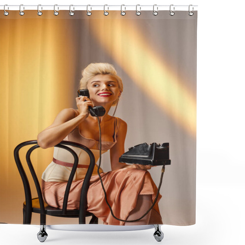 Personality  Happy And Glamourous Blonde Woman Talking On Retro Phone While Sitting On Chair In Gray Background Shower Curtains