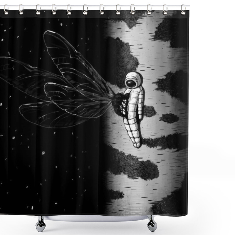 Personality  Fantasy Sci-fi Surreal Cosmos Fiction Square Black And White Artwork With Dead Astronaut Somwhere In A Deep Space And Moment Of Xenomorph Birth Picture Drawing  Shower Curtains