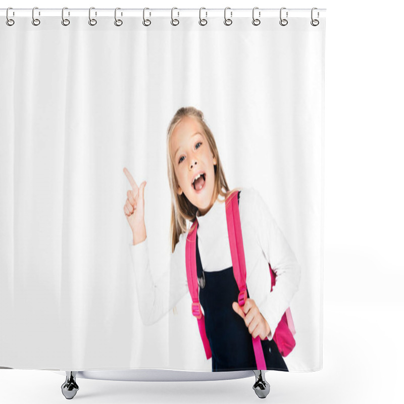 Personality  Cheerful Schoolgirl Pointing With Finger While Smiling At Camera Isolated On White Shower Curtains