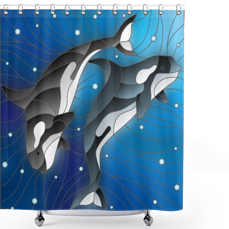 Personality  Illustration In The Style Of Stained Glass With Two Whales On The Background Of Water And Air Bubbles Shower Curtains