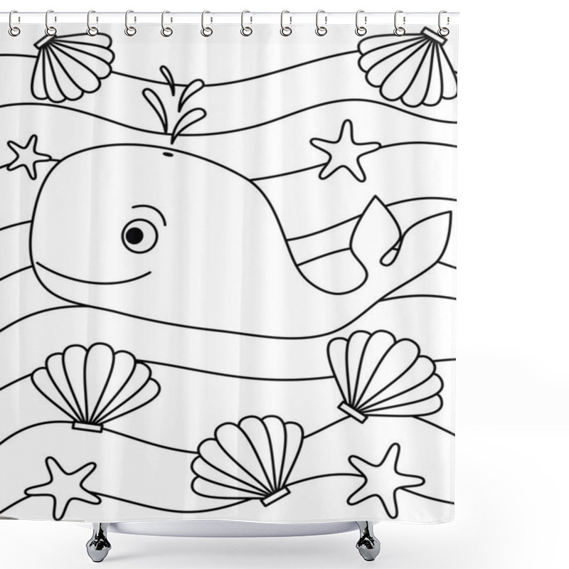 Personality  Cute Cartoon Whale, Seashell And Starfish Black And White Vector Illustration For Coloring Art Shower Curtains