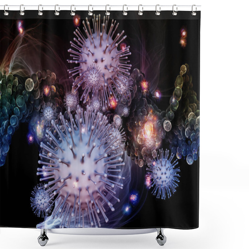 Personality  3D Rendering Of Interplay Of Viral Particles And Abstract Cellular Elements On The Subject Of Coronavirus, Infection, Epidemic, Biology And Healthcare Shower Curtains