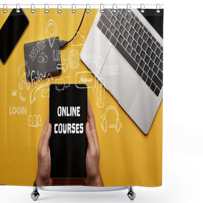 Personality  Cropped View Of Man Holding Digital Tablet With Online Courses Illustration  Shower Curtains