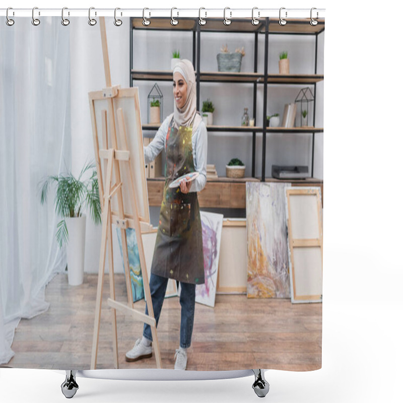 Personality  Full Length View Of Happy Muslim Woman In Apron Drawing On Easel At Home Shower Curtains