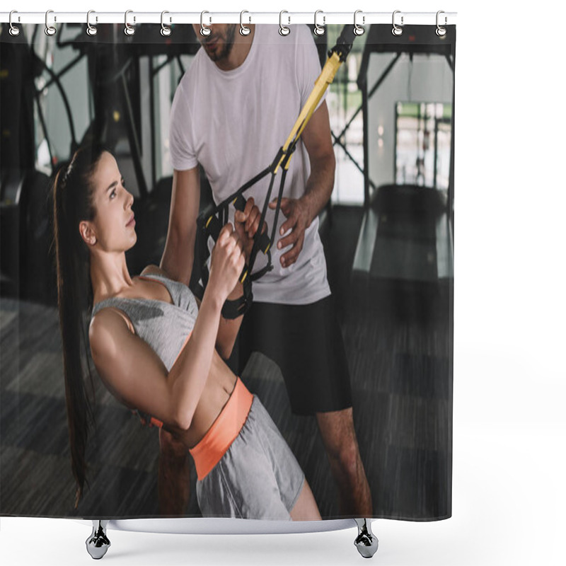 Personality  Cropped View Of Trainer Supporting Young Sportswoman Pulling Up On Suspension Trainer Shower Curtains