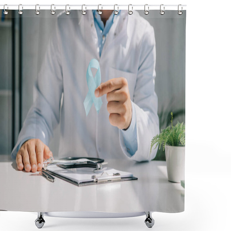 Personality  Cropped View Of Doctor Sitting At Desk And Showing Blue Awareness Ribbon Shower Curtains