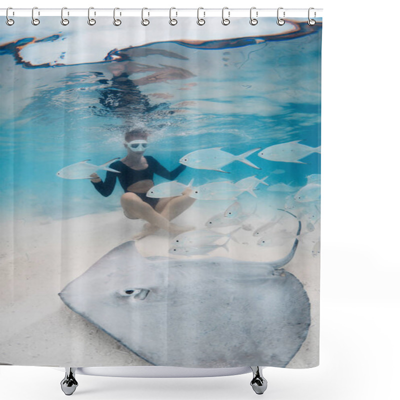 Personality  Woman swimming with stingrays in Maldives. Sting ray with fish and woman underwater in blue ocean shower curtains