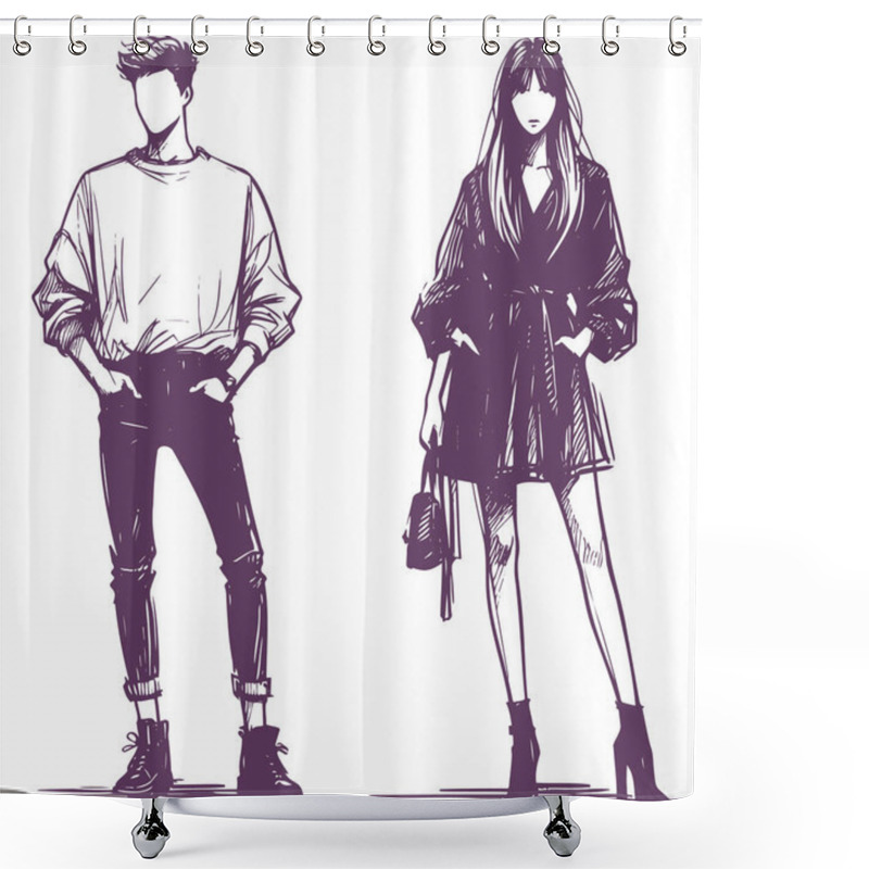 Personality  Fashionable Duo In Modern Clothes Minimalistic Graphics With An Emphasis On Details Shower Curtains