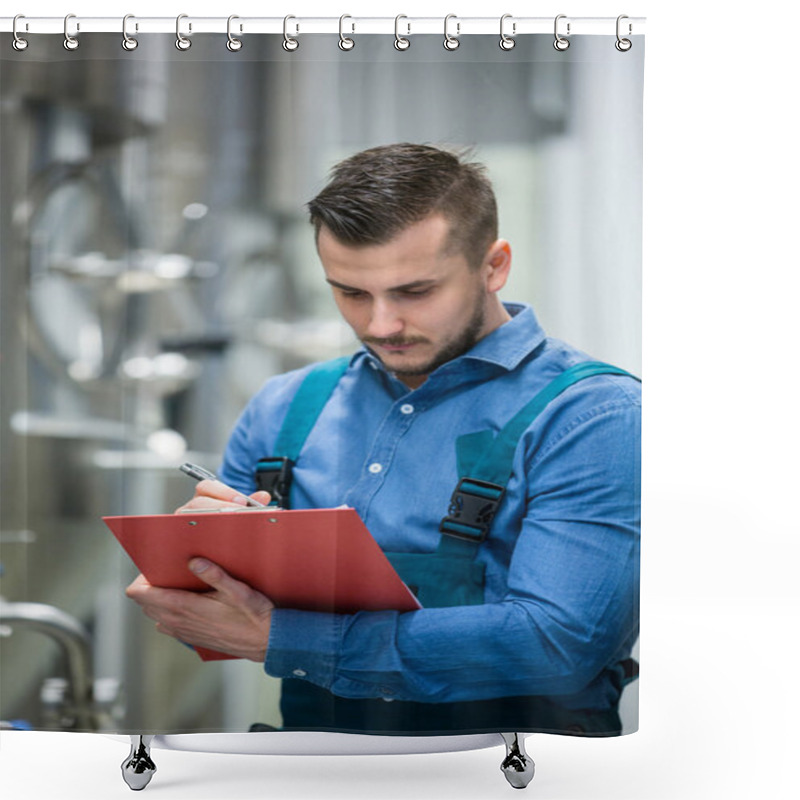 Personality  Maintaince Worker Wrting On Clipboard Shower Curtains