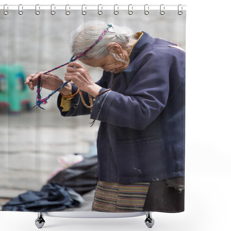 Personality  Old And Poor Tibetan Woman During Her Religious Ceremony Shower Curtains