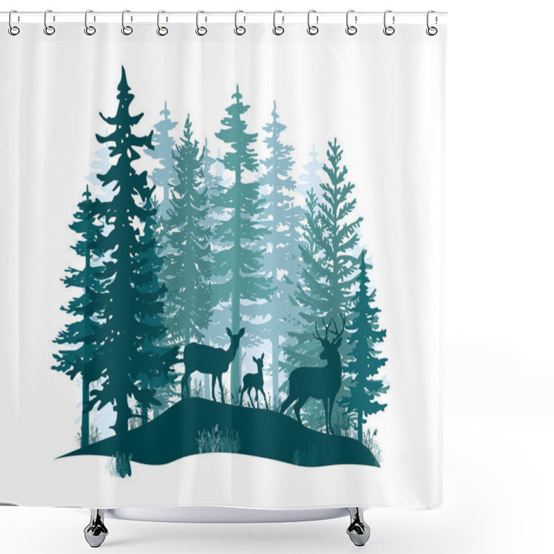 Personality  Deer With Antlers, Doe, Fawn Posing In Magic Misty Forest. Silhouettes Illustration. Coniferous Trees. Shower Curtains