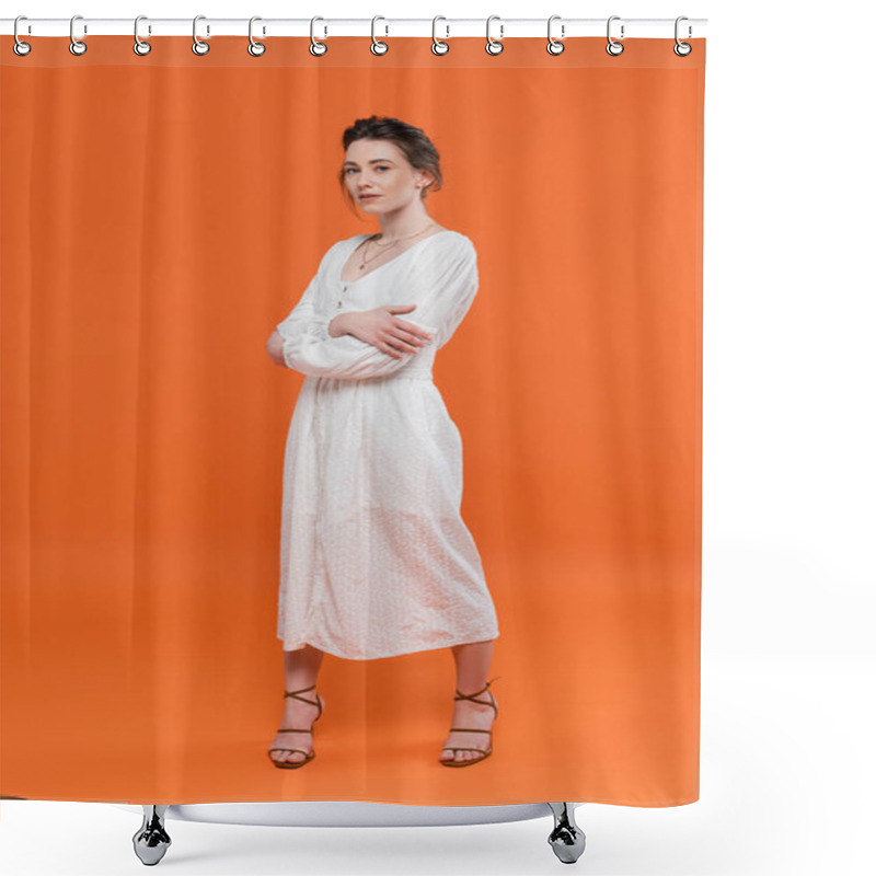 Personality  Summer Trends, Model In White Sun Dress Looking At Camera And Standing With Folded Arms On Orange Background, Stylish Posing, Lady In White, Vibrant Background, Fashion, Young Woman  Shower Curtains